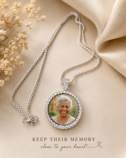 Custom Photo Memorial Necklace | Round Rhinestone Pendant | Personalized Keepsake Gift