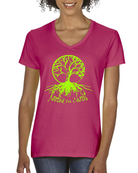 Rooted In Christ Ladies V-Neck T-shirt