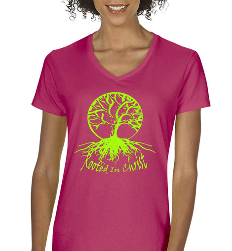 Rooted In Christ Ladies V-Neck T-shirt