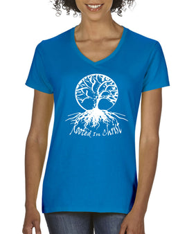Rooted In Christ Ladies V-Neck T-shirt